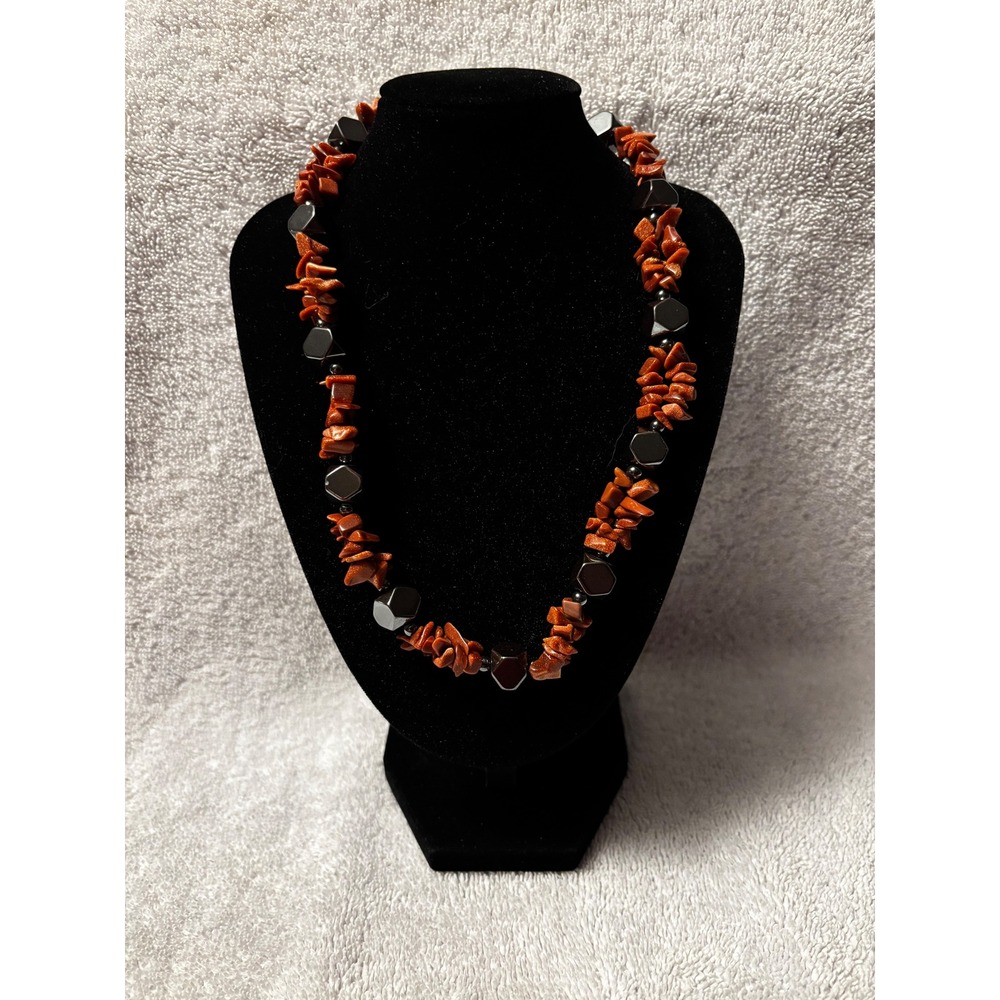Goldstone Chip and Hematite Hexagon Beaded Necklace Copper Black Metallic 17.5in